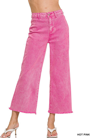 Acid Washed Frayed Cutoff Hem Straight Wide Pants - Born To Glam
