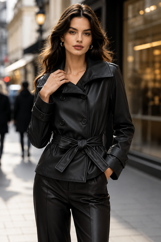 Black Faux Leather Belted Jacket