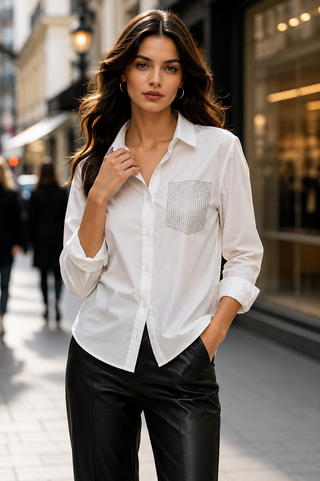 White Crystal Pocket Long Sleeve Top