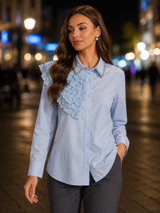 Blue Lace Embellished Long Sleeve Top