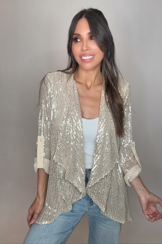 Sequin Draped Collar Open Front Cardigan Jacket - Born To Glam