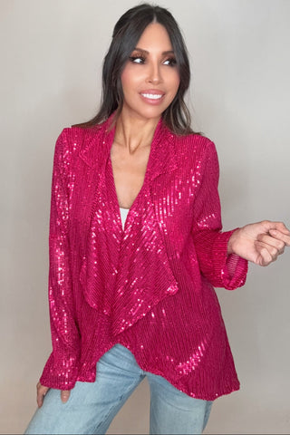 Sequin Draped Collar Open Front Cardigan Jacket - Born To Glam
