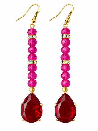 Pink Beaded Red Teardrop Statement Earrings