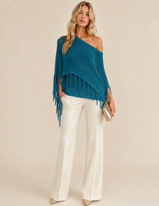 Blue Fringe Knit Sweater Top - Born To Glam