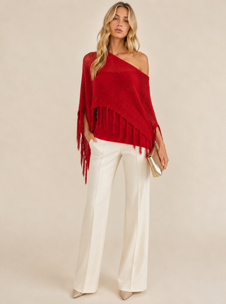 Red Fringe Knit Sweater Top - Born To Glam