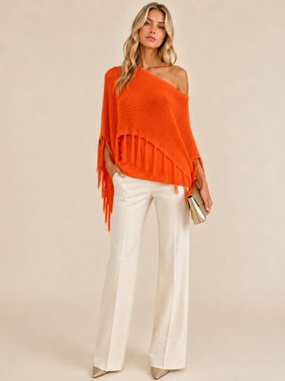 Bright Orange Fringe Knit Sweater Top - Born To Glam