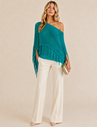 Teal Fringe Knit Sweater Top - Born To Glam