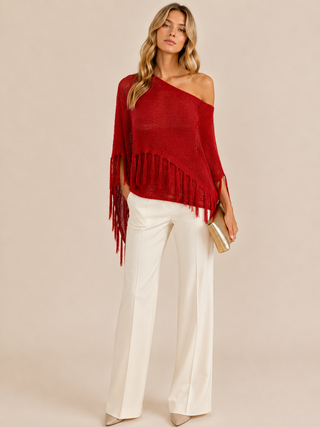 Burnt Orange Fringe Knit Sweater Top - Born To Glam