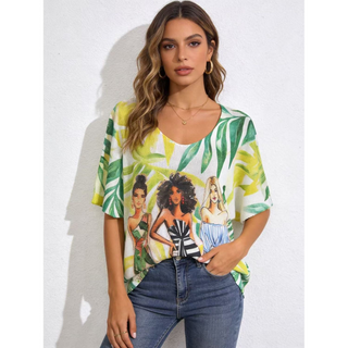 Women's Italian knit top with a tropical leaf graphic and illustrated woman in a red hat on the front.