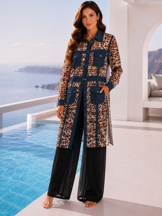 Blue Denim Cheetah Sequin Print Long Jacket - Born To Glam
