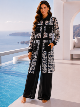 Black Denim Cheetah Sequin Print Long Jacket