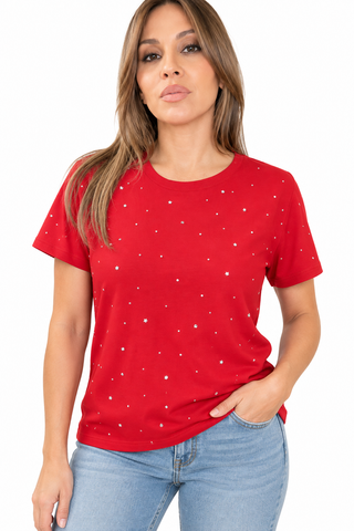 Red short-sleeve crystal star t-shirt on a model with sparkling embellishments across the front.