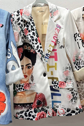 White Leopard Frida Print Graphic Blazer - Born To Glam