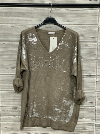 Italian Taupe Embellished Lettering Relaxed One Size Pullover — supplier photo