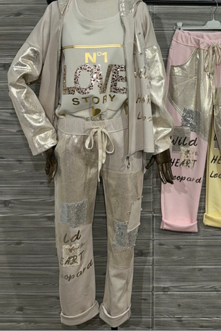 Style the Beige Metallic Glam Sweatpants exclusively at Born To Glam