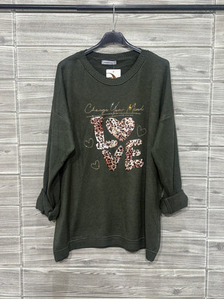 Italian Olive Leopard LOVE One Size Pullover — supplier photo