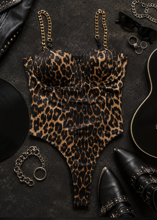 Leopard Print Bodysuit with Gold Chain Straps