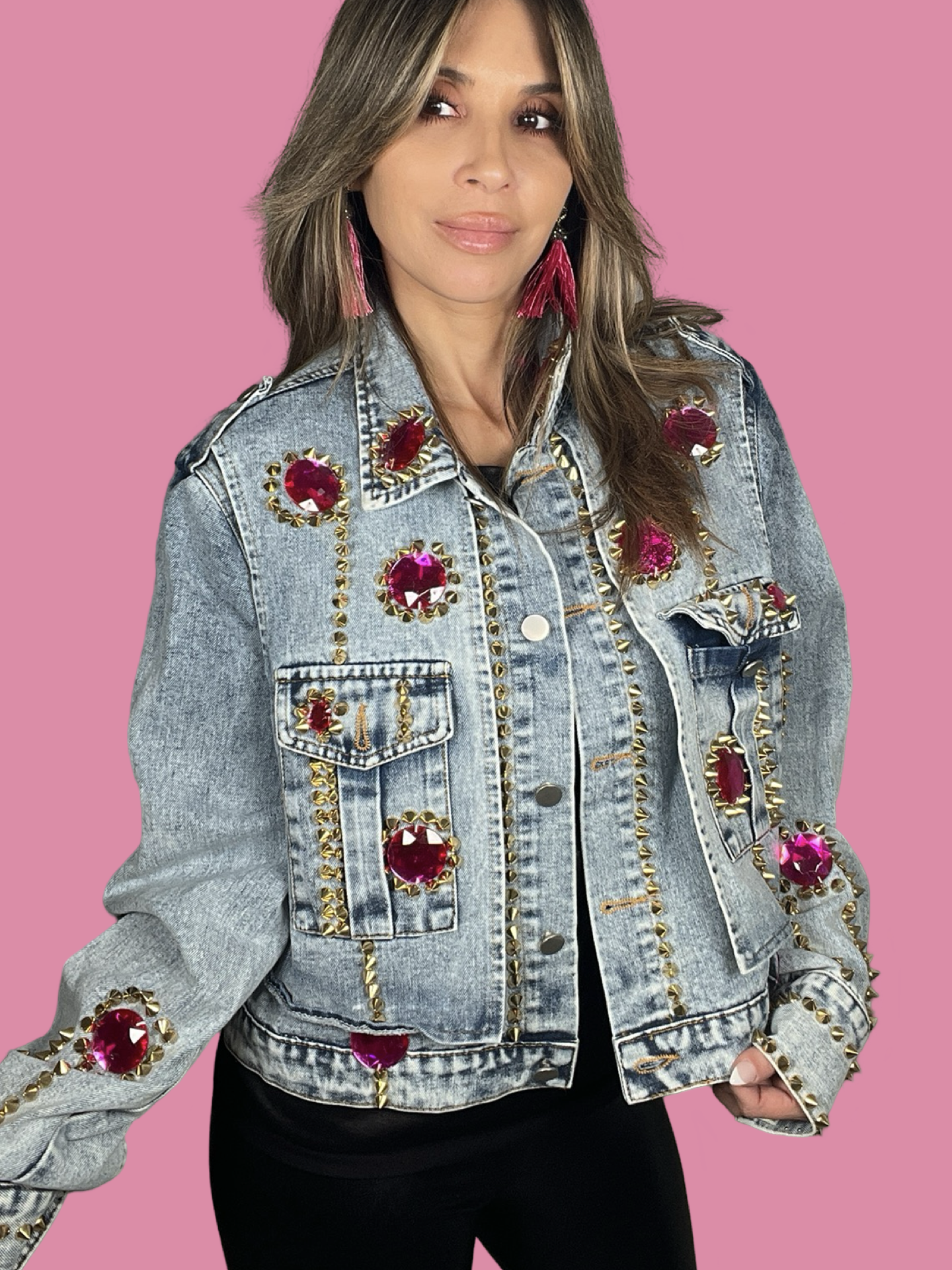 Hot Pink Crystal Studded Denim Jacket