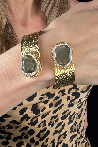 Double Gemstone Wraparound Cuff Adjustable Bracelet - Born To Glam