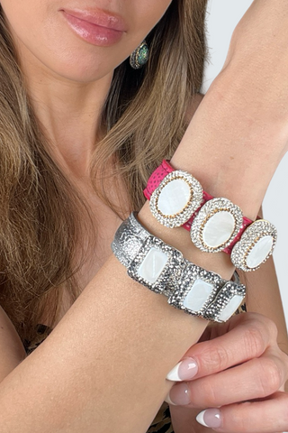 Triple Gemstone & Crystal Leather Cuff Bracelet - Born To Glam