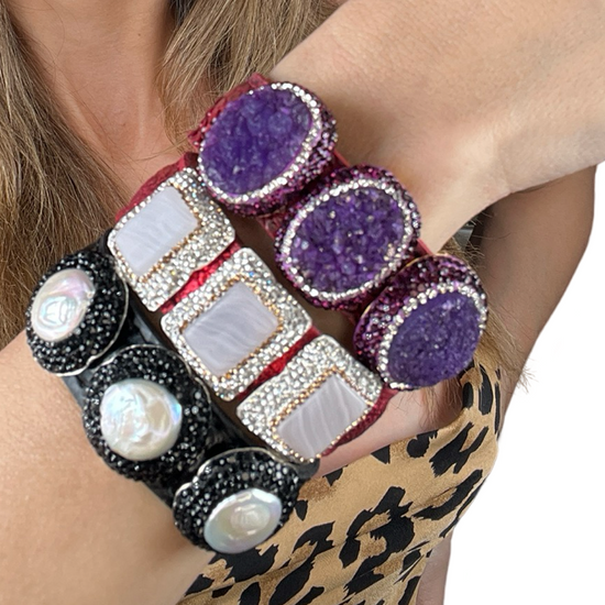 Cultured Pearl Triple Gemstone Black Leather Cuff Bracelet