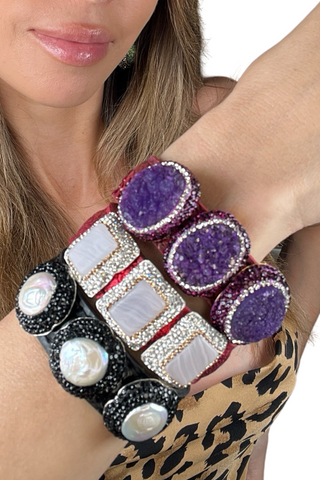Triple Gemstone & Crystal Leather Cuff Bracelet - Born To Glam