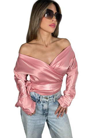 Wrap Style Stretch Satin Blouse - Born To Glam