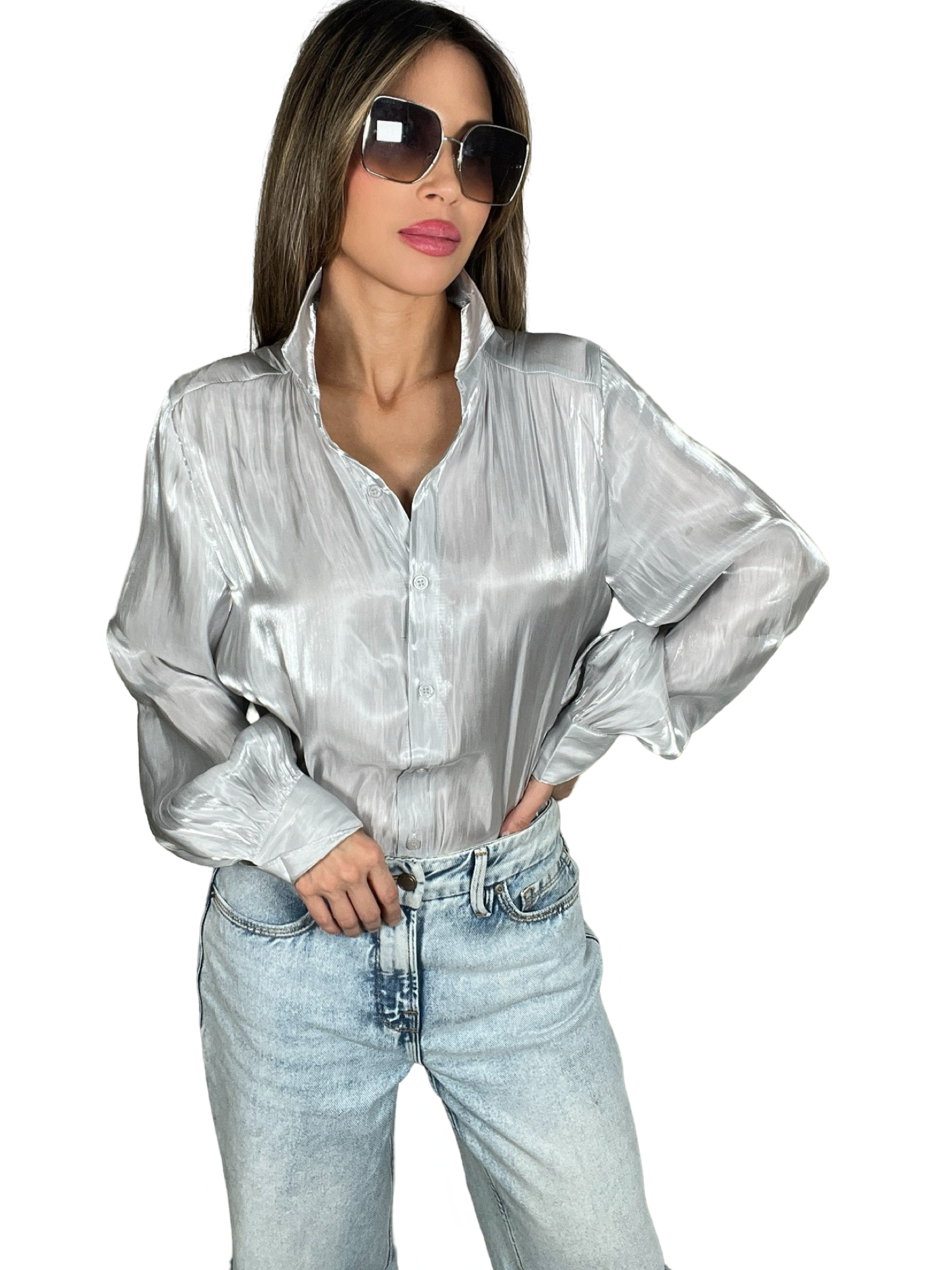 Iridescent Silver Button Down Top