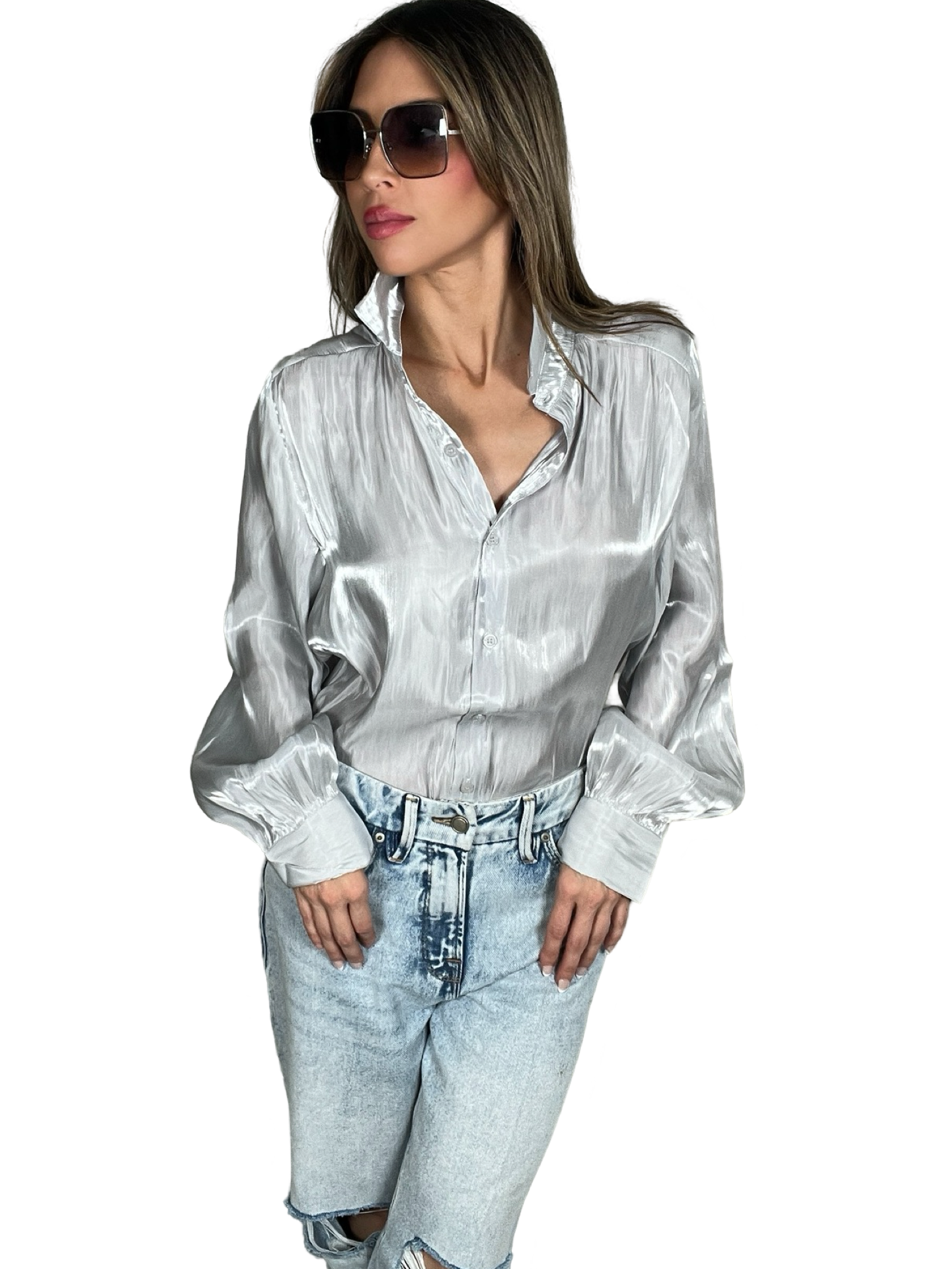 Iridescent Silver Button Down Top