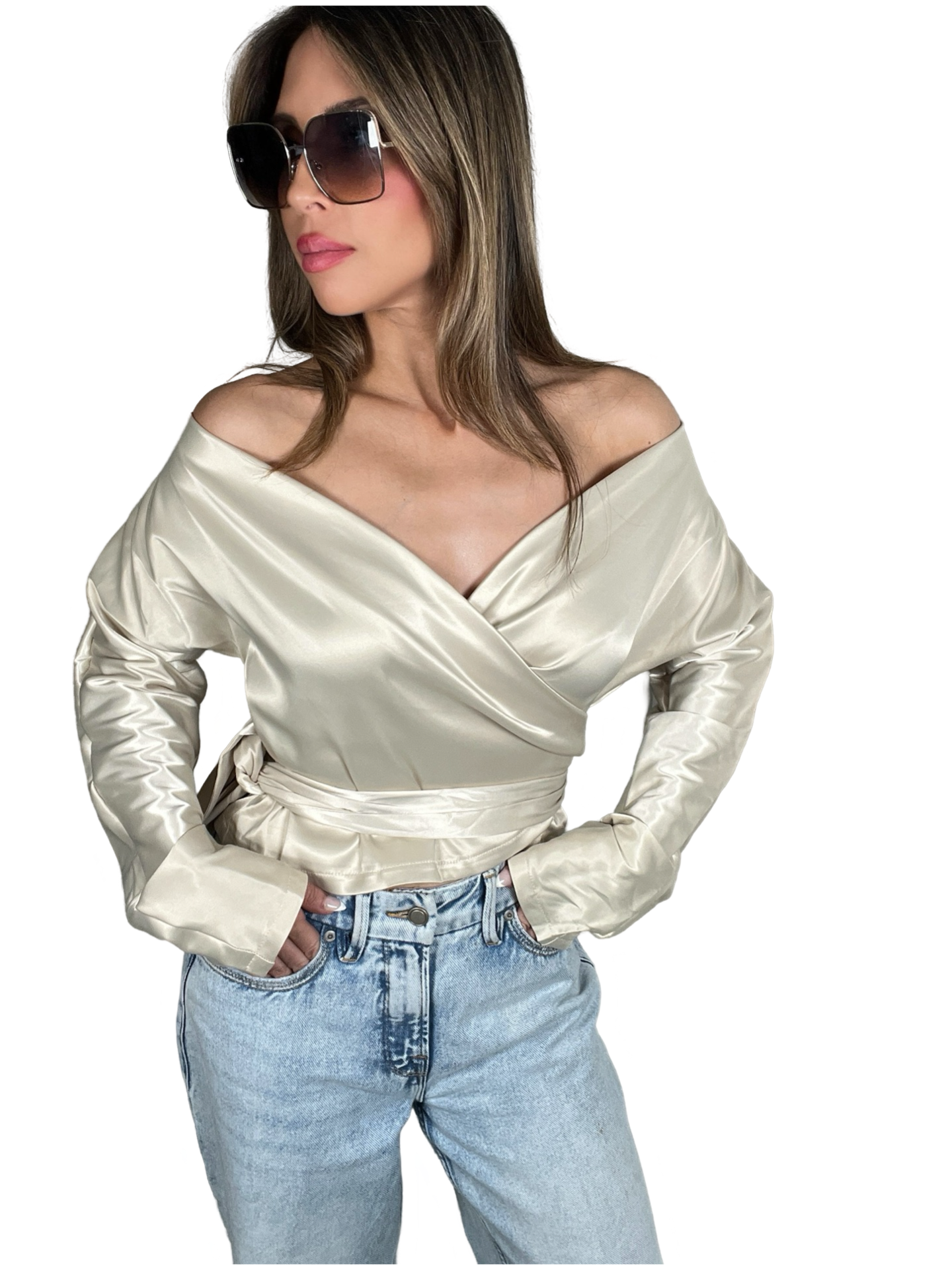 Wrap Style Stretch Satin Blouse - Born To Glam