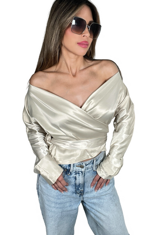Wrap Style Stretch Satin Blouse - Born To Glam