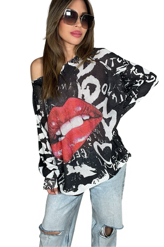 Black & White Lips Oversize Sweater Top - Born To Glam