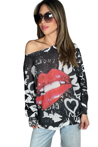 Black & White Lips Oversize Sweater Top - Born To Glam