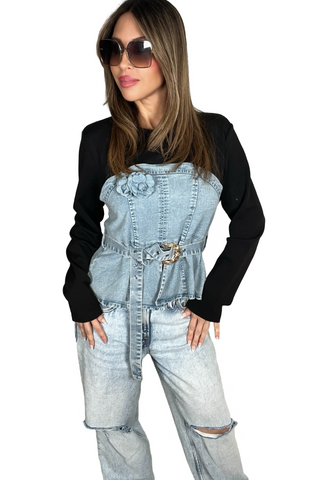 Denim Contrast Long Sleeve Top - Born To Glam