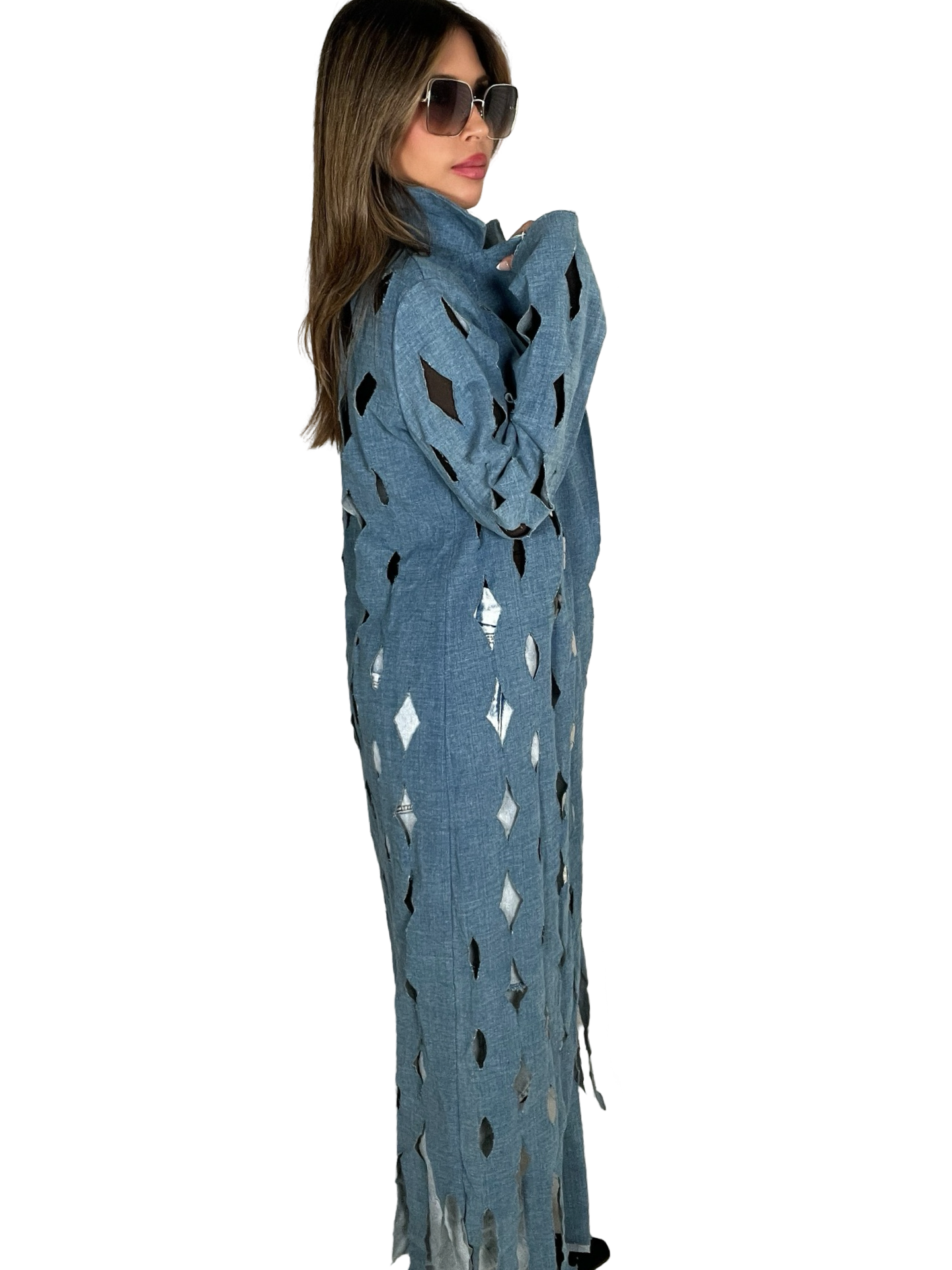 Long Denim Laser Cut Out Trench Coat - Born To Glam Born To Glam