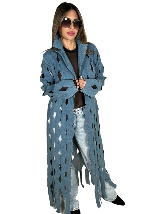 Long Denim Laser Cut Out Trench Coat - Born To Glam Born To Glam