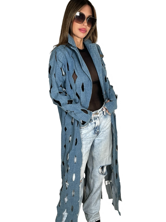 Long Denim Laser Cut Out Trench Coat - Born To Glam Born To Glam