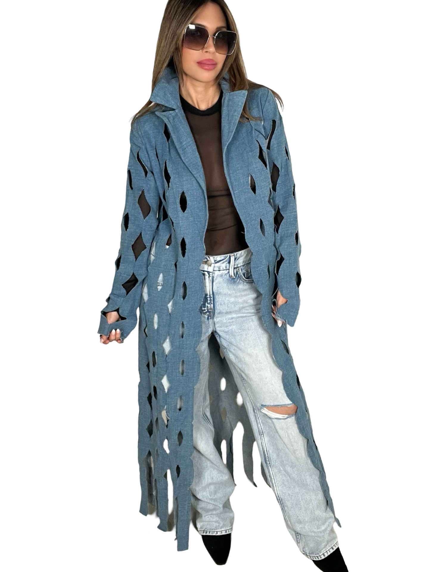 Long Denim Laser Cut Out Trench Coat - Born To Glam Born To Glam