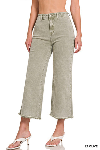 Acid Washed Frayed Cutoff Hem Straight Wide Pants - Born To Glam