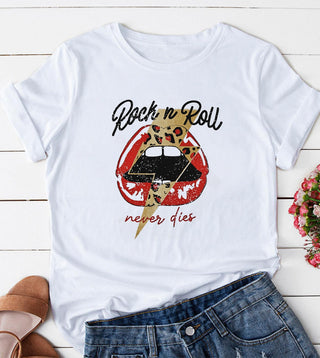 White short sleeve graphic tee with bold red lips, leopard print accent, and lightning bolt detail.