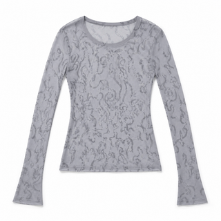 Origami 5072 gray rhinestone swirl mesh top flat lay