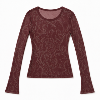 Origami 5072 burgundy rhinestone swirl mesh top flat lay