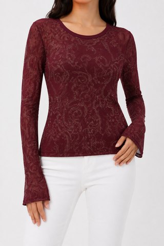 Origami 5072 burgundy rhinestone swirl mesh top modeled front view