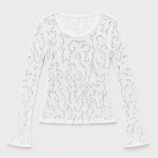Origami 5072 bright white rhinestone swirl mesh top flat lay