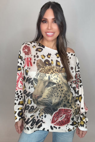 Love Lips Round Neck Knit Printed Sweater - Born To Glam