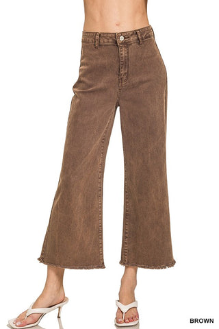 Acid Washed Frayed Cutoff Hem Straight Wide Pants - Born To Glam