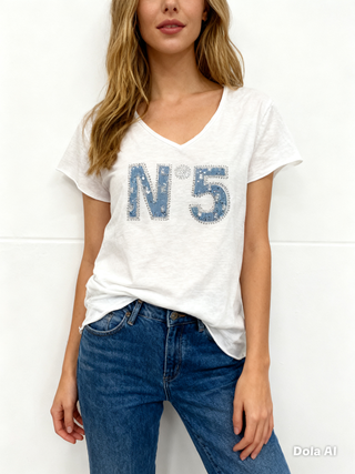White N°5 Embellished Graphic Tee