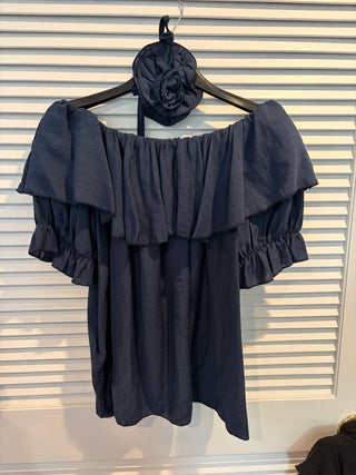 Navy Off Shoulder Ruffle Top