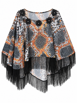 Gray black and orange snake print one sized kimono with floral crystal appliques and black fringe on a white background