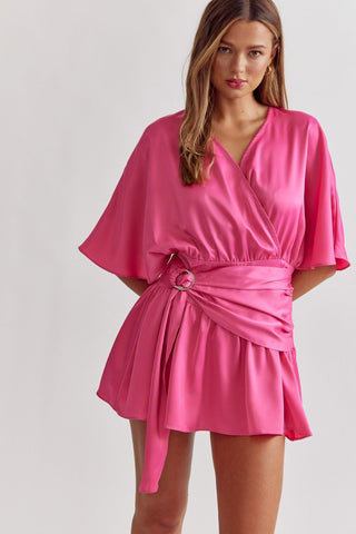 Hot Pink Satin Belted Dress - S Hot Pink Satin Belted Dress - S